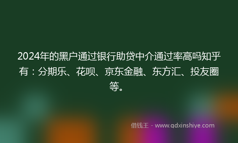 2024年的黑户通过银行助贷中介通过率高吗知乎有：分期乐、花呗、京东金融、东方汇、投友圈等。