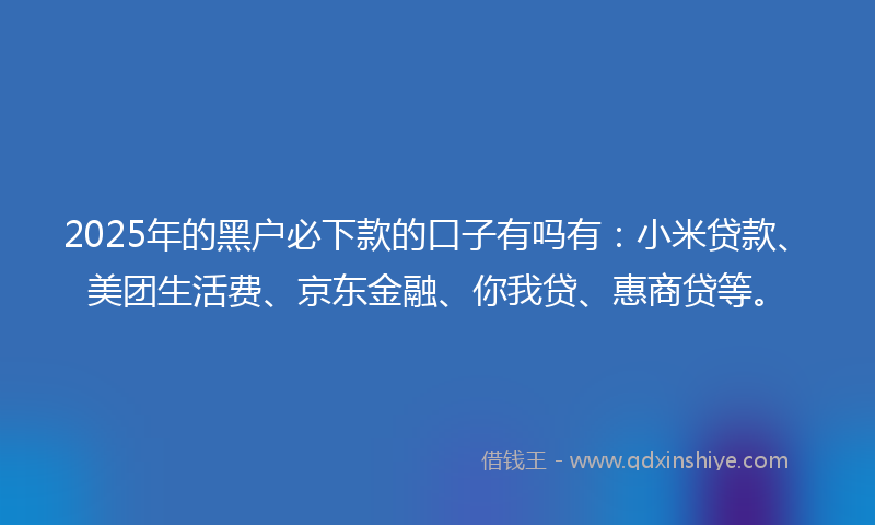 2025年的黑户必下款的口子有吗有：小米贷款、美团生活费、京东金融、你我贷、惠商贷等。