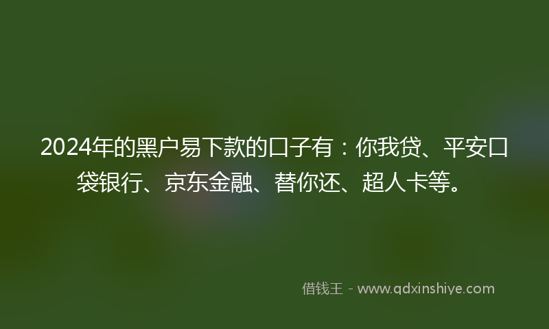 2024年的黑户易下款的口子有：你我贷、平安口袋银行、京东金融、替你还、超人卡等。