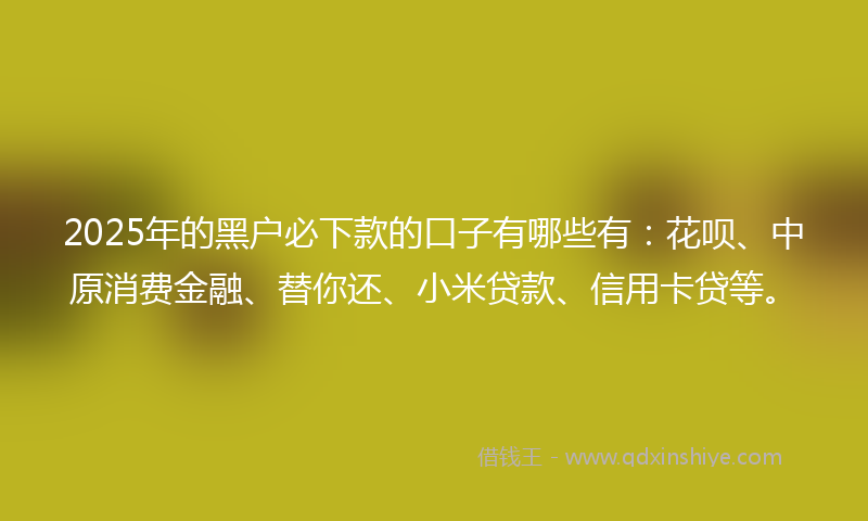 2025年的黑户必下款的口子有哪些有：花呗、中原消费金融、替你还、小米贷款、信用卡贷等。