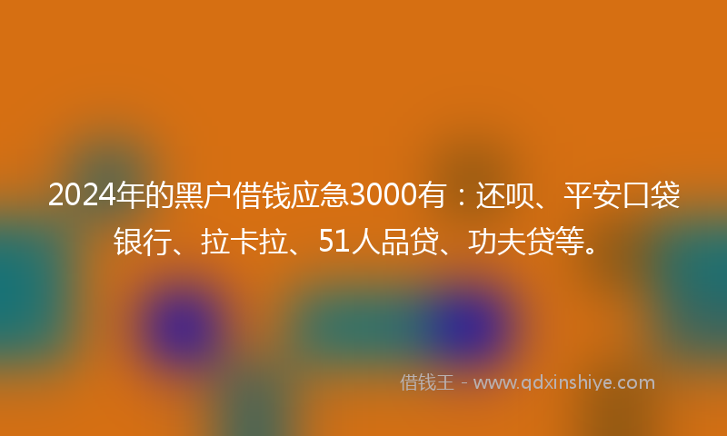2024年的黑户借钱应急3000有：还呗、平安口袋银行、拉卡拉、51人品贷、功夫贷等。