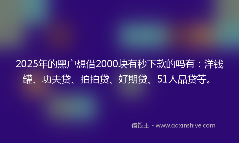 2025年的黑户想借2000块有秒下款的吗有：洋钱罐、功夫贷、拍拍贷、好期贷、51人品贷等。