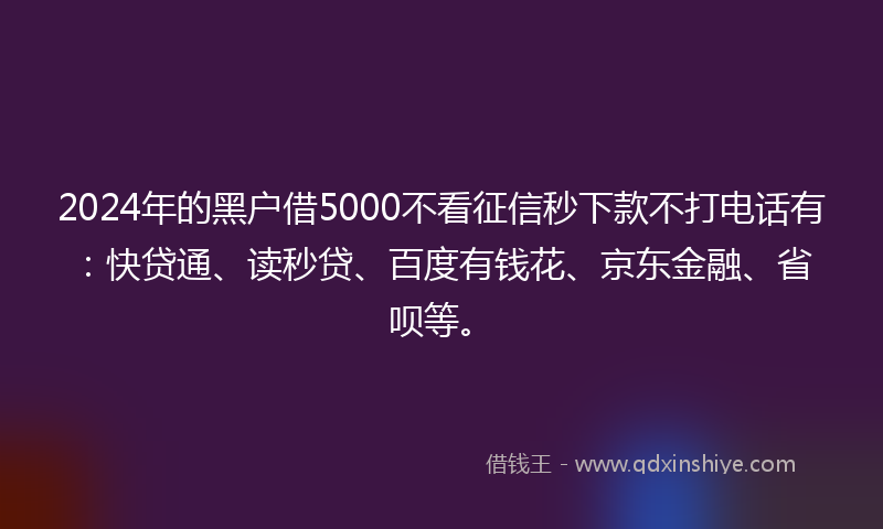 2024年的黑户借5000不看征信秒下款不打电话有：快贷通、读秒贷、百度有钱花、京东金融、省呗等。
