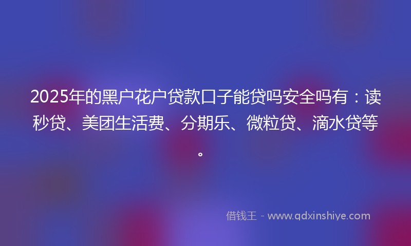 2025年的黑户花户贷款口子能贷吗安全吗有：读秒贷、美团生活费、分期乐、微粒贷、滴水贷等。