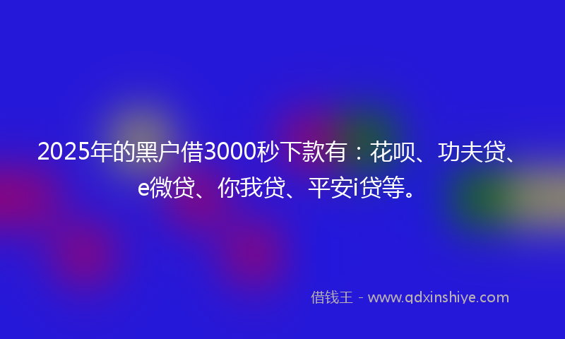 2025年的黑户借3000秒下款有：花呗、功夫贷、e微贷、你我贷、平安i贷等。