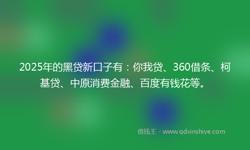 2025年的黑贷新口子有：你我贷、360借条、柯基贷、中原消费金融、百度有钱花等。