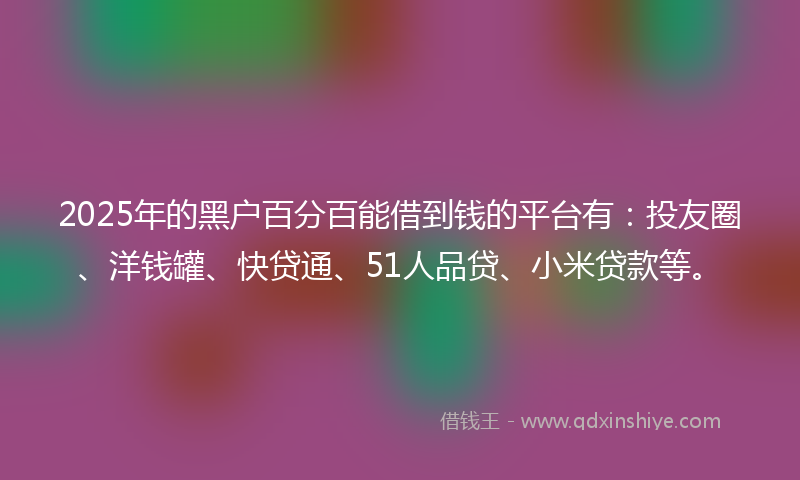 2025年的黑户百分百能借到钱的平台有：投友圈、洋钱罐、快贷通、51人品贷、小米贷款等。