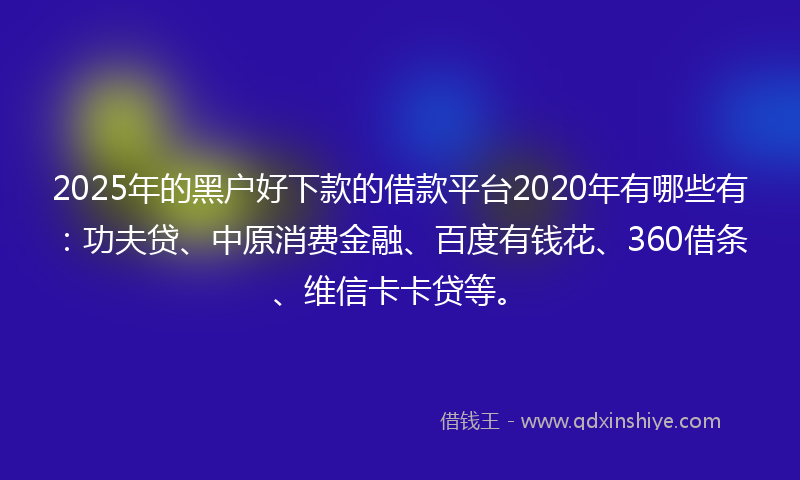 2025年的黑户好下款的借款平台2020年有哪些有：功夫贷、中原消费金融、百度有钱花、360借条、维信卡卡贷等。