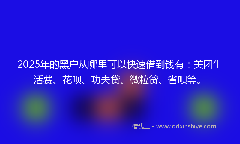 2025年的黑户从哪里可以快速借到钱有：美团生活费、花呗、功夫贷、微粒贷、省呗等。