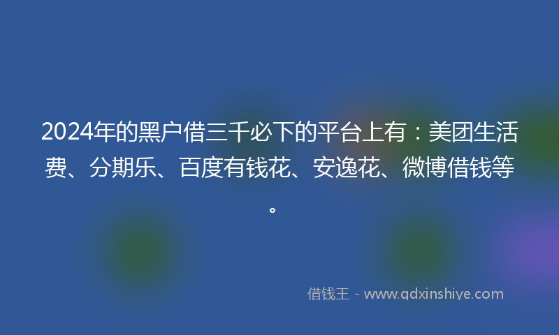 2024年的黑户借三千必下的平台上有：美团生活费、分期乐、百度有钱花、安逸花、微博借钱等。