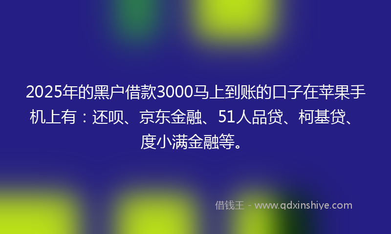 2025年的黑户借款3000马上到账的口子在苹果手机上有：还呗、京东金融、51人品贷、柯基贷、度小满金融等。