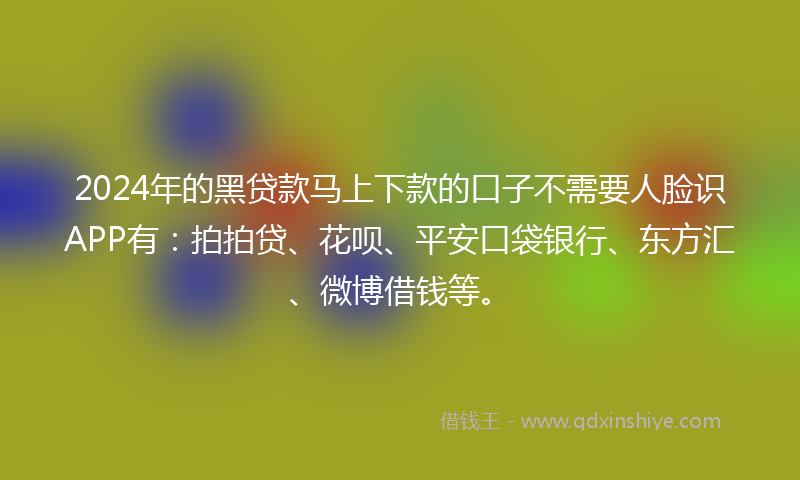 2024年的黑贷款马上下款的口子不需要人脸识APP有：拍拍贷、花呗、平安口袋银行、东方汇、微博借钱等。