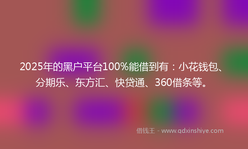 2025年的黑户平台100%能借到有：小花钱包、分期乐、东方汇、快贷通、360借条等。
