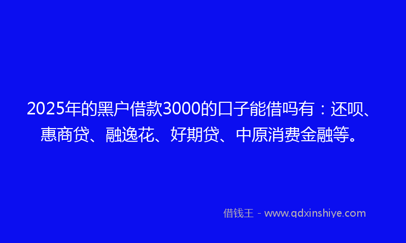 2025年的黑户借款3000的口子能借吗有：还呗、惠商贷、融逸花、好期贷、中原消费金融等。