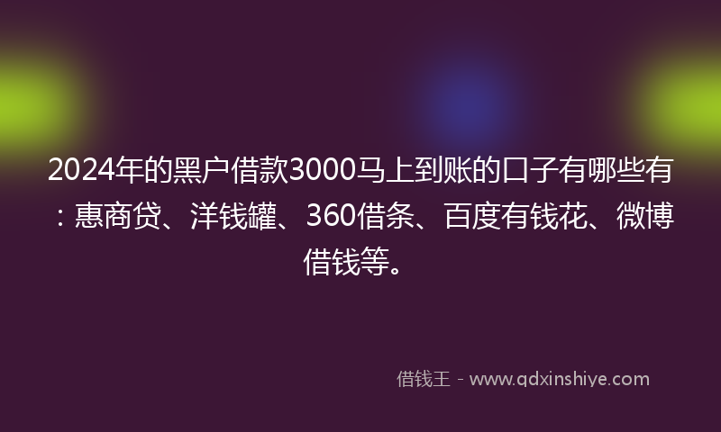 2024年的黑户借款3000马上到账的口子有哪些有：惠商贷、洋钱罐、360借条、百度有钱花、微博借钱等。