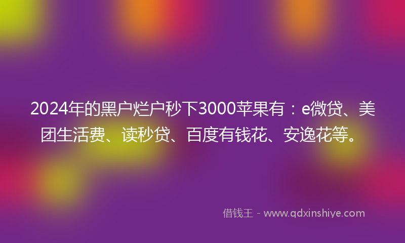 2024年的黑户烂户秒下3000苹果有：e微贷、美团生活费、读秒贷、百度有钱花、安逸花等。