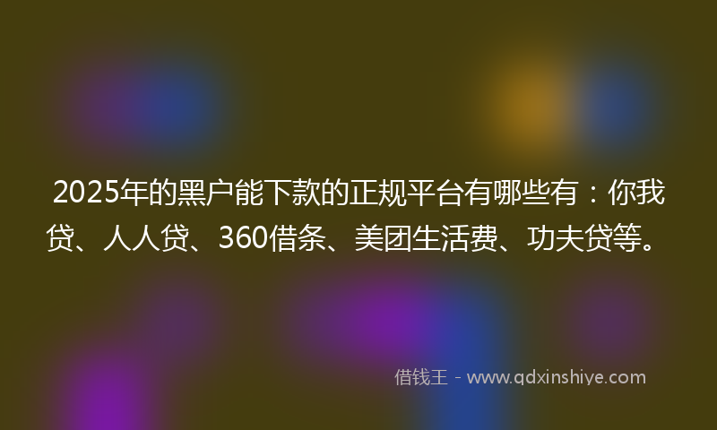 2025年的黑户能下款的正规平台有哪些有：你我贷、人人贷、360借条、美团生活费、功夫贷等。