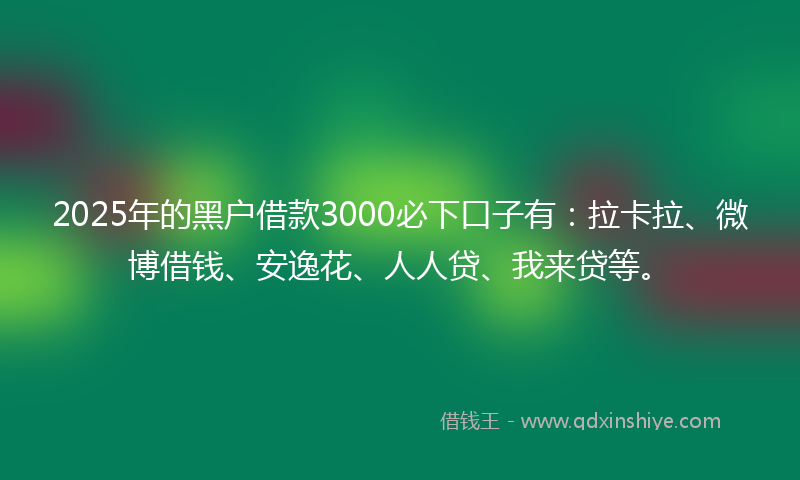 2025年的黑户借款3000必下口子有：拉卡拉、微博借钱、安逸花、人人贷、我来贷等。