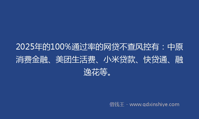 2025年的100%通过率的网贷不查风控有：中原消费金融、美团生活费、小米贷款、快贷通、融逸花等。