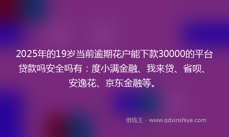 2025年的19岁当前逾期花户能下款30000的平台贷款吗安全吗有：度小满金融、我来贷、省呗、安逸花、京东金融等。