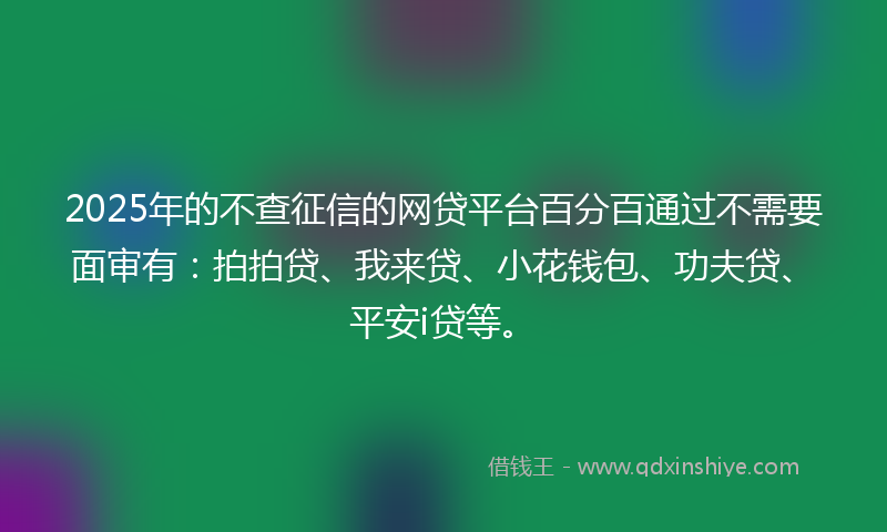2025年的不查征信的网贷平台百分百通过不需要面审有：拍拍贷、我来贷、小花钱包、功夫贷、平安i贷等。