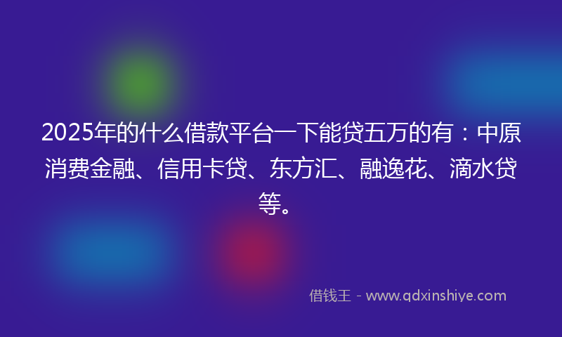 2025年的什么借款平台一下能贷五万的有：中原消费金融、信用卡贷、东方汇、融逸花、滴水贷等。