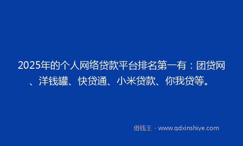 2025年的个人网络贷款平台排名第一有：团贷网、洋钱罐、快贷通、小米贷款、你我贷等。