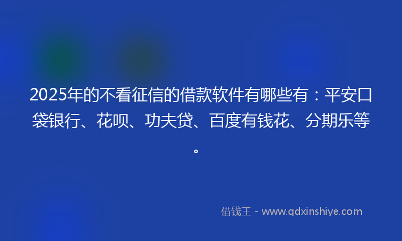 2025年的不看征信的借款软件有哪些有：平安口袋银行、花呗、功夫贷、百度有钱花、分期乐等。