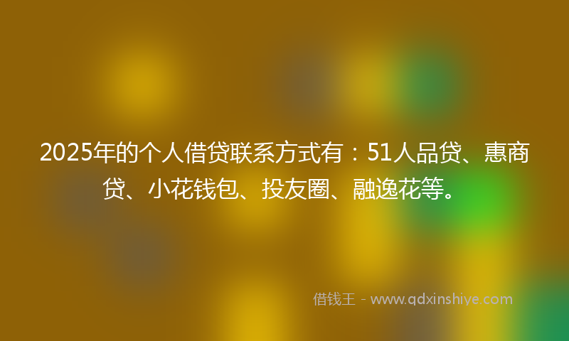 2025年的个人借贷联系方式有：51人品贷、惠商贷、小花钱包、投友圈、融逸花等。