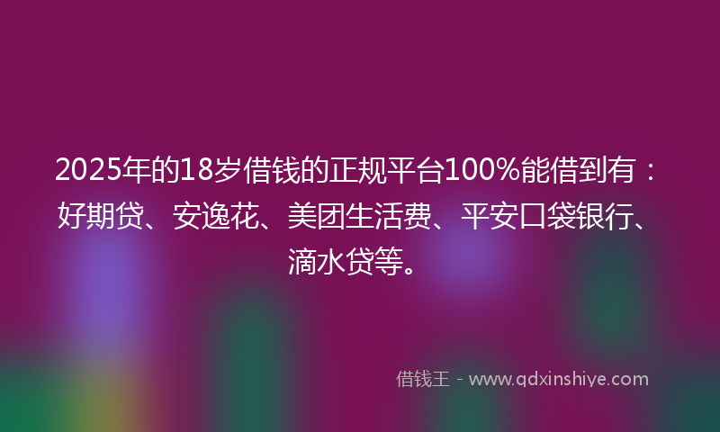 2025年的18岁借钱的正规平台100%能借到有：好期贷、安逸花、美团生活费、平安口袋银行、滴水贷等。