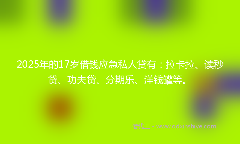 2025年的17岁借钱应急私人贷有：拉卡拉、读秒贷、功夫贷、分期乐、洋钱罐等。