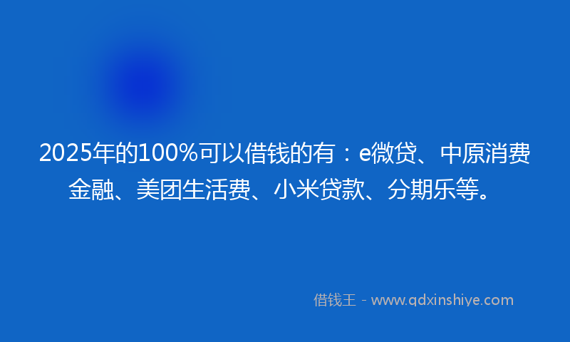 2025年的100%可以借钱的有：e微贷、中原消费金融、美团生活费、小米贷款、分期乐等。