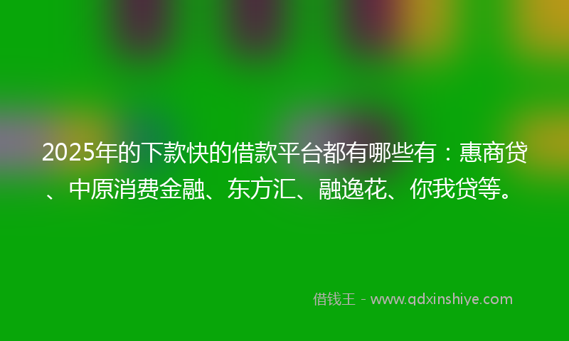 2025年的下款快的借款平台都有哪些有：惠商贷、中原消费金融、东方汇、融逸花、你我贷等。