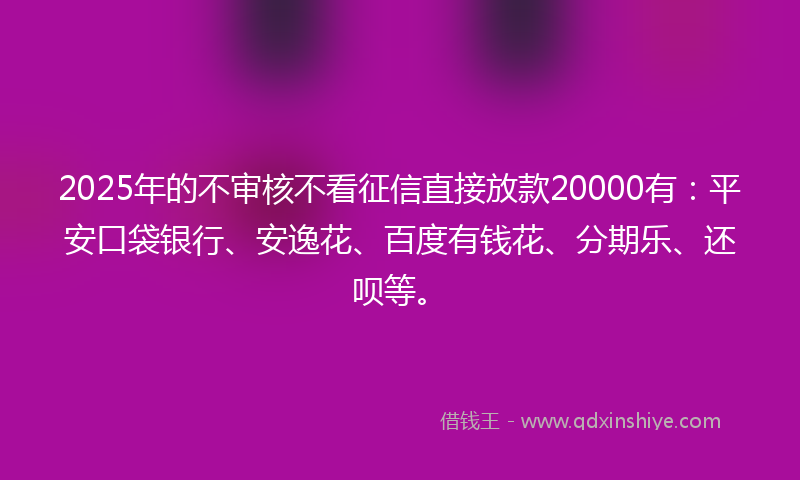 2025年的不审核不看征信直接放款20000有：平安口袋银行、安逸花、百度有钱花、分期乐、还呗等。