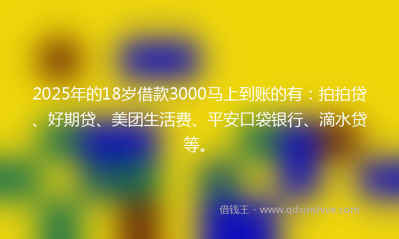 2025年的18岁借款3000马上到账的有：拍拍贷、好期贷、美团生活费、平安口袋银行、滴水贷等。