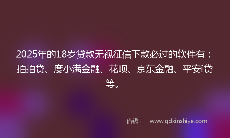 2025年的18岁贷款无视征信下款必过的软件有：拍拍贷、度小满金融、花呗、京东金融、平安i贷等。