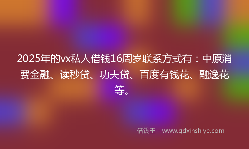 2025年的vx私人借钱16周岁联系方式有：中原消费金融、读秒贷、功夫贷、百度有钱花、融逸花等。