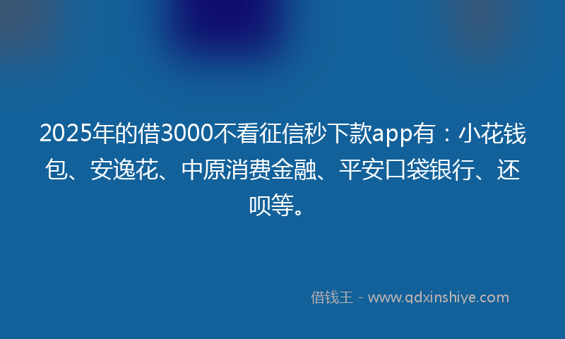 2025年的借3000不看征信秒下款app有：小花钱包、安逸花、中原消费金融、平安口袋银行、还呗等。