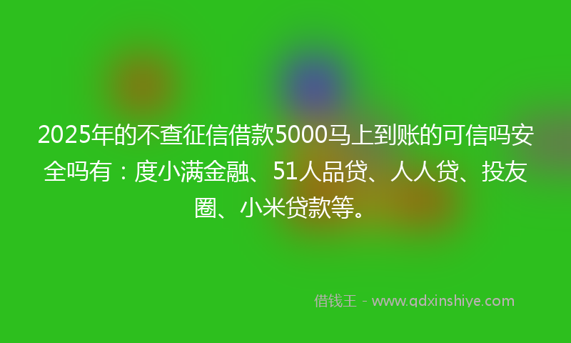 2025年的不查征信借款5000马上到账的可信吗安全吗有：度小满金融、51人品贷、人人贷、投友圈、小米贷款等。