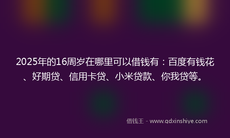 2025年的16周岁在哪里可以借钱有：百度有钱花、好期贷、信用卡贷、小米贷款、你我贷等。