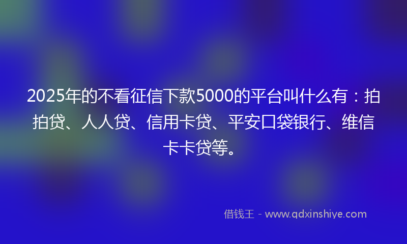 2025年的不看征信下款5000的平台叫什么有：拍拍贷、人人贷、信用卡贷、平安口袋银行、维信卡卡贷等。