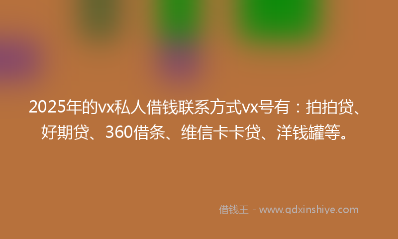 2025年的vx私人借钱联系方式vx号有：拍拍贷、好期贷、360借条、维信卡卡贷、洋钱罐等。
