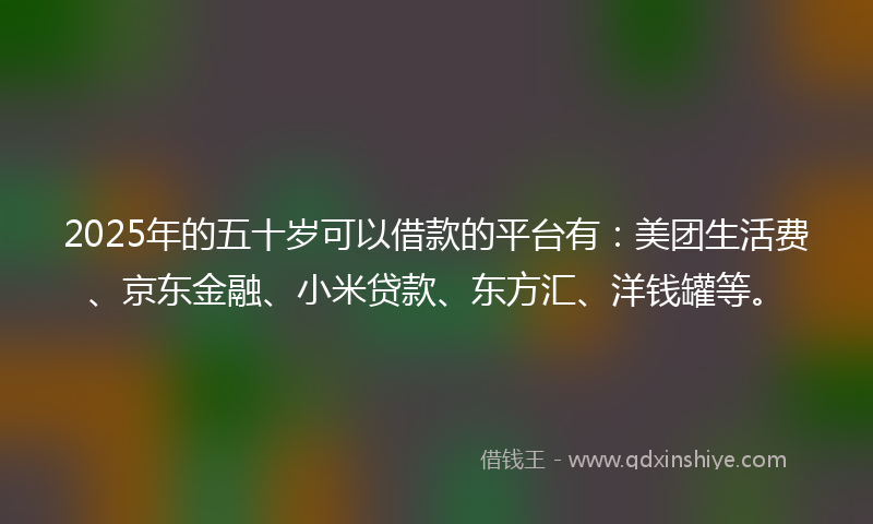 2025年的五十岁可以借款的平台有：美团生活费、京东金融、小米贷款、东方汇、洋钱罐等。