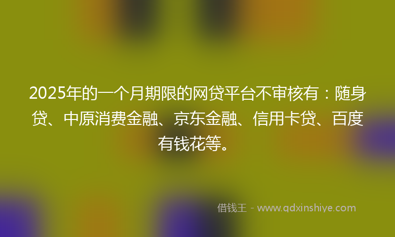 2025年的一个月期限的网贷平台不审核有：随身贷、中原消费金融、京东金融、信用卡贷、百度有钱花等。