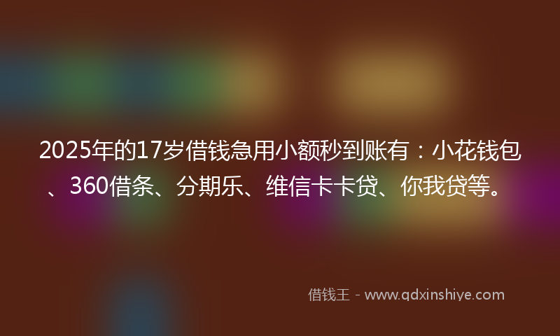 2025年的17岁借钱急用小额秒到账有：小花钱包、360借条、分期乐、维信卡卡贷、你我贷等。