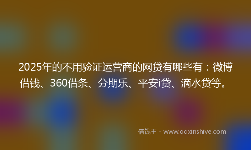 2025年的不用验证运营商的网贷有哪些有：微博借钱、360借条、分期乐、平安i贷、滴水贷等。