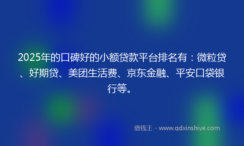 2025年的口碑好的小额贷款平台排名有：微粒贷、好期贷、美团生活费、京东金融、平安口袋银行等。