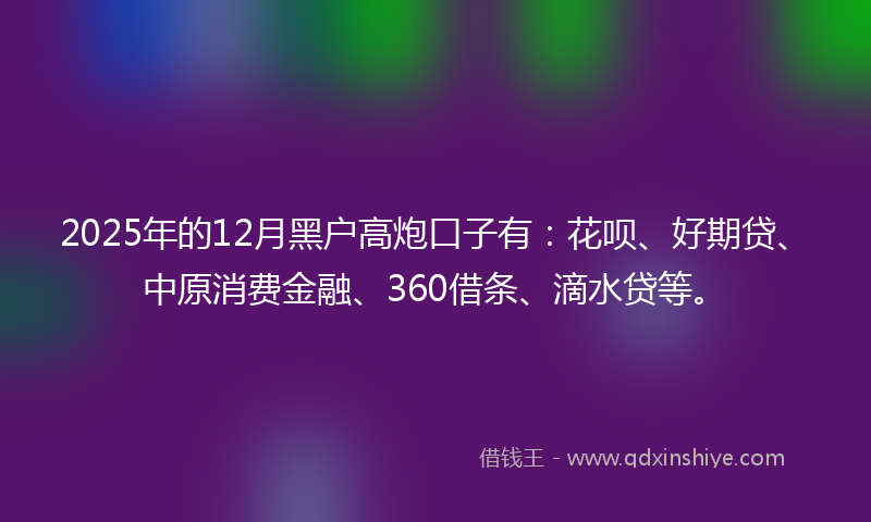 2025年的12月黑户高炮口子有：花呗、好期贷、中原消费金融、360借条、滴水贷等。