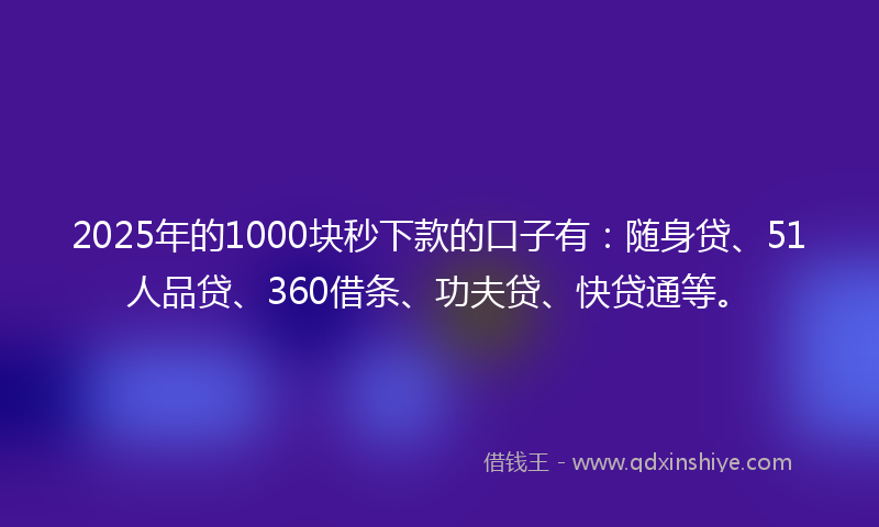 2025年的1000块秒下款的口子有：随身贷、51人品贷、360借条、功夫贷、快贷通等。