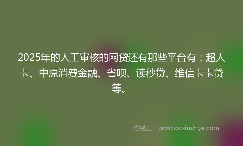 2025年的人工审核的网贷还有那些平台有：超人卡、中原消费金融、省呗、读秒贷、维信卡卡贷等。